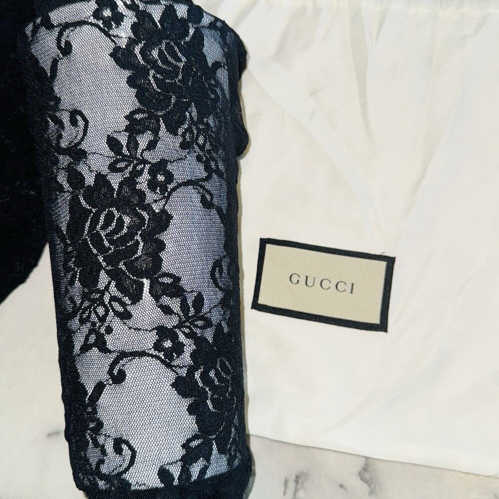 NEW 100%Auth Gucci Women's Black Floral Lace Tights Logo Waistband S 536458 1000 - Picture 4 of 8